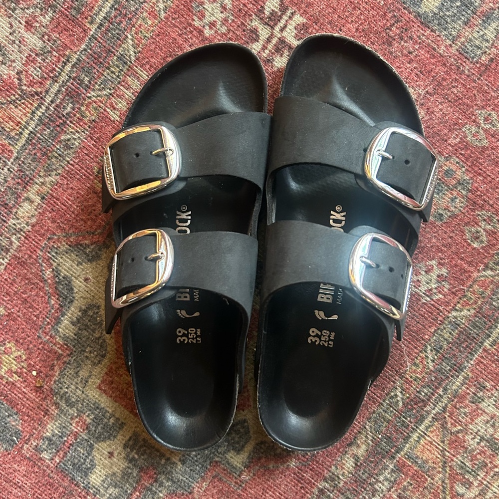 Birkenstock Arizona Big Buckle Black Leather Sandals with Silver Accents